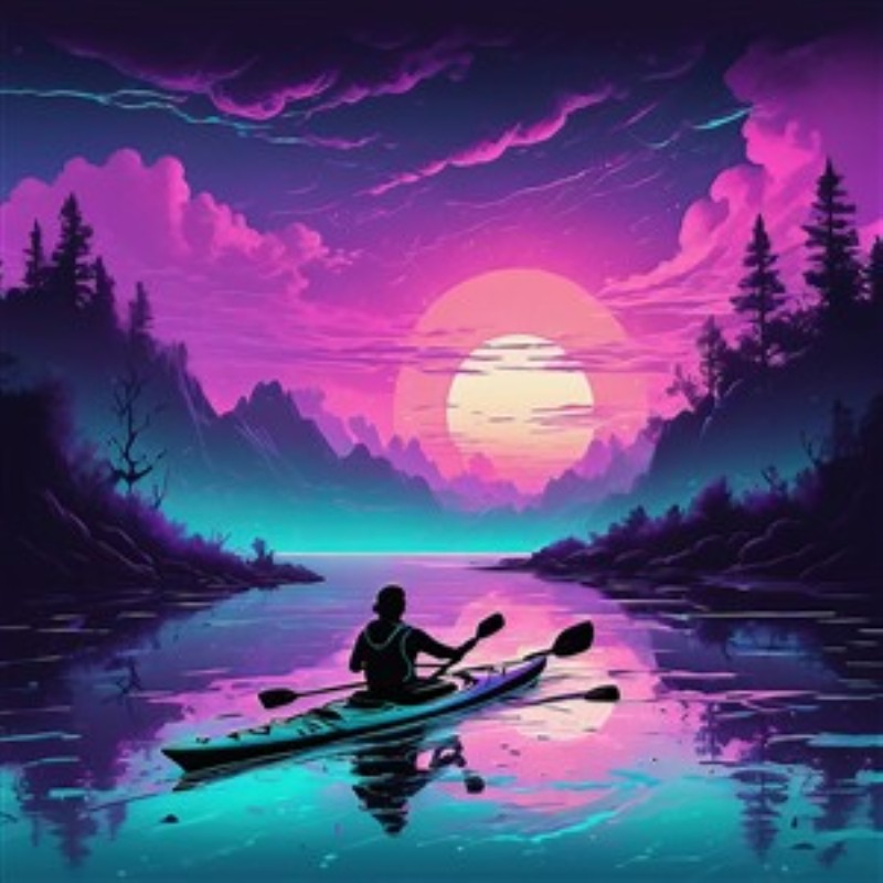 Kajaktur i Duskens Farver - Oplev skønheden ved naturen med dette betagende motiv, hvor en kajakroer glider gennem en farverig sø ved solnedgang. De dramatiske nuancer af pink og blå skaber en fredfyldt atmosfære, perfekt til at bringe ro ind i dit hjem.