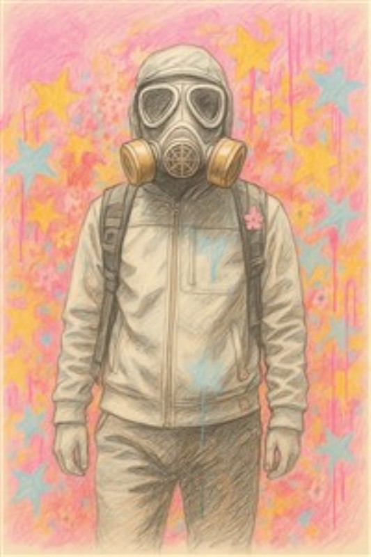 Farverig Figur med Gasmaske - Oplev det unikke møde mellem det mystiske og det livlige med denne farverige kunstplakat. Figuren iført gasmaske står i en drømmende, stjernet canvas, der tilføjer et moderne og tankevækkende element til dit rum.