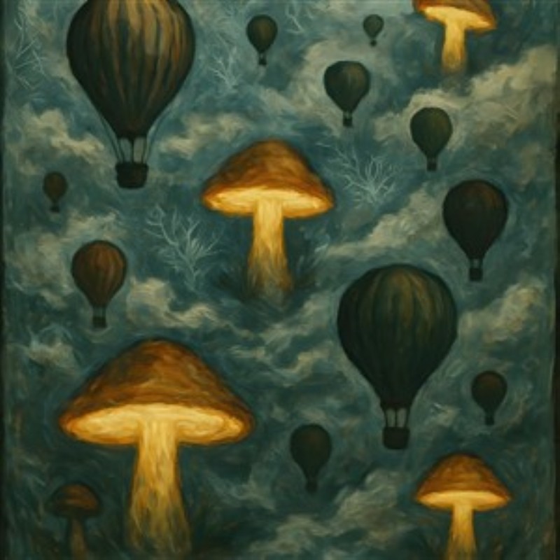 Drømmeverden med svampe og luftballoner - Tag på en visuel rejse med dette surrealistiske kunstværk, hvor svampe og luftballoner svæver i en betagende, drømmende himmel. Perfekt til at skabe en unik atmosfære i dit hjem.