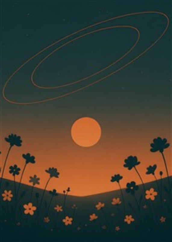 Magisk Solnedgang med Planeter - Oplev en drømmende solnedgang, hvor blomsterne strækker sig mod en stjerneklar himmel med flotte planeter svævende over. Dette kunstværk skaber en beroligende og magisk atmosfære i ethvert rum.