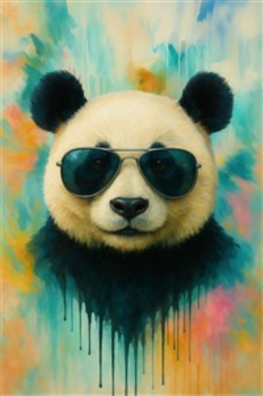 Stylish Panda med Solbriller - Oplev det farverige og trendy portræt af en panda iført solbriller. Dette unikke kunstværk med sin abstrakte baggrund tilføjer liv og karakter til ethvert rum.