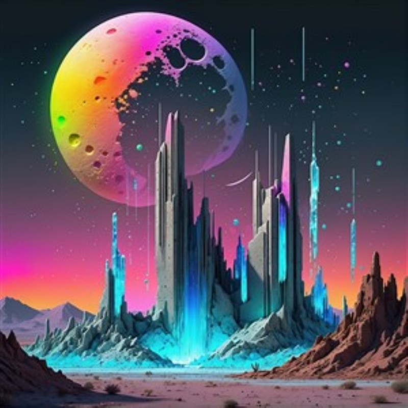 Futuristisk Sci-Fi Univers med Farverige Klipper - Dyk ind i en drøm med dette betagende sci-fi landskab, hvor farverige klippeformationer møder en enorm planet. Dette surrealistiske værk tilføjer en magisk og futuristisk atmosfære til dit rum.
