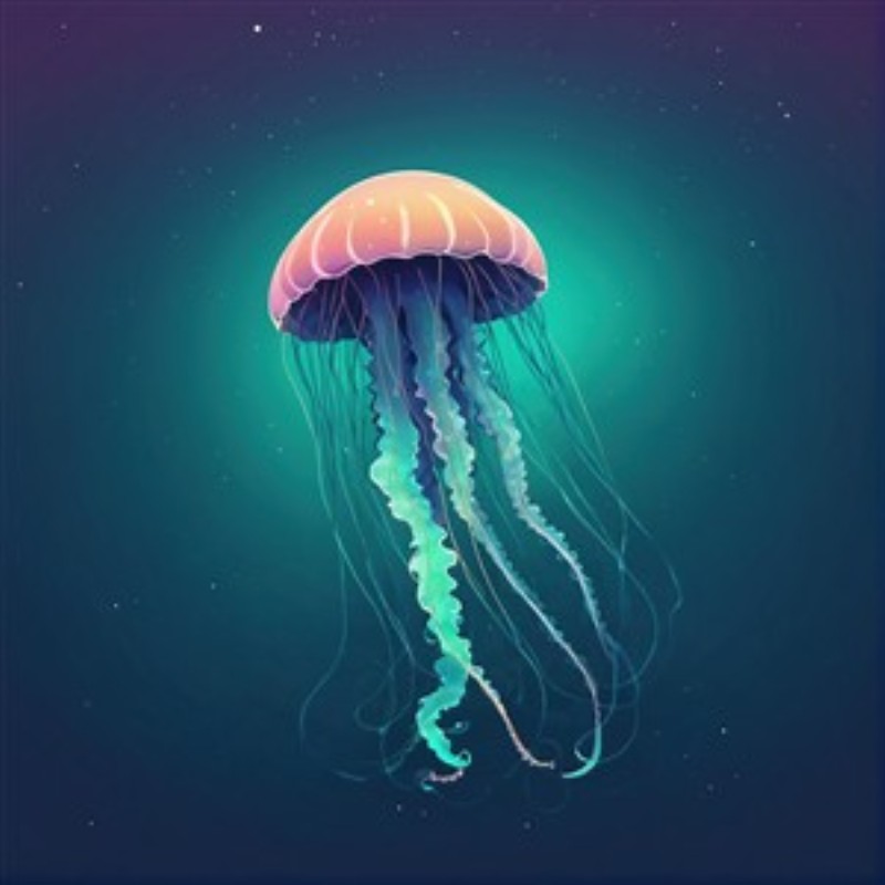 Magiske Meduser i Dybet - Dyk ind i en verden af skønhed med denne fantastiske illustration af en meduse, der svømmer gennem det dybblå hav. De glitrende effekter tilføjer en drømmende atmosfære, perfekt til at bringe liv til dit rum.