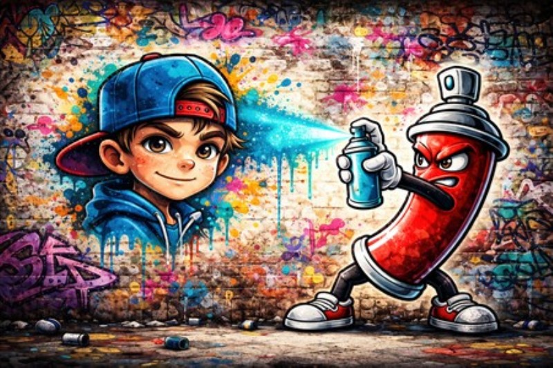 Farverig Graffiti: Leg og Kreativitet - Oplev den livlige energi fra denne graffiti-inspirerede kunstvæg, hvor en dreng og en sjov spraymaler sprayer farver ud i virkeligheden. Perfekt til de kreative sjæle, der ønsker at tilføje en cool og farverig atmosfære til ethvert rum.
