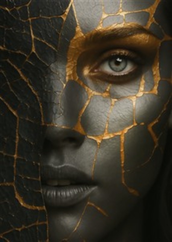Drømmende ansigt i guld og sort - Oplev en enestående kombination af elegance og dramatik med dette nærbillede af et ansigt. Den gyldne og sorte maske skaber en fascinerende visuel effekt, der tilføjer dybde og karakter til dit hjem.