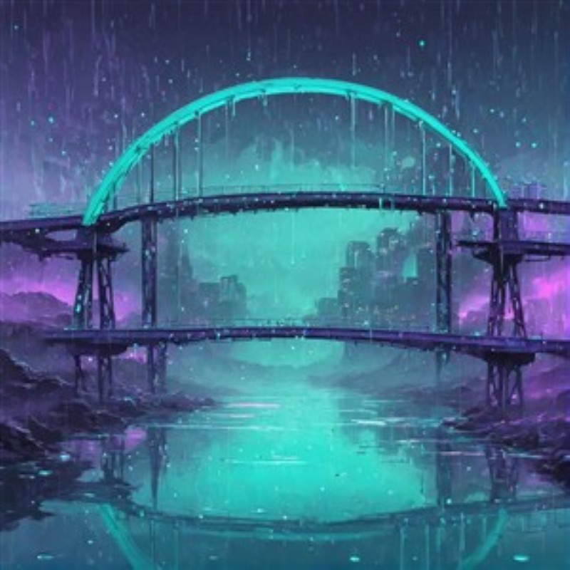Futuristisk Neonbro under Regnen - Oplev magien i denne farverige digitale illustration, hvor en futuristisk bro strækker sig over en glitrende sø. Den bløde regn og neonfarverne skaber en drømmeagtig atmosfære, perfekt til enhver kreativ indretning.
