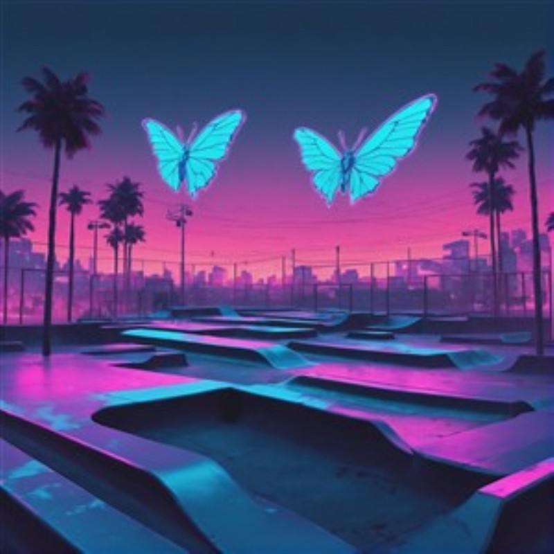 Neon Sommerfugl Skatepark i Skumring - Oplev skønheden i et farverigt skatepark under skumringen med neonlysede sommerfugle, der svæver over palmerne. Denne levende kunst skaber en drømmeagtig atmosfære, perfekt til at inspirere kreativitet og eventyrlyst.