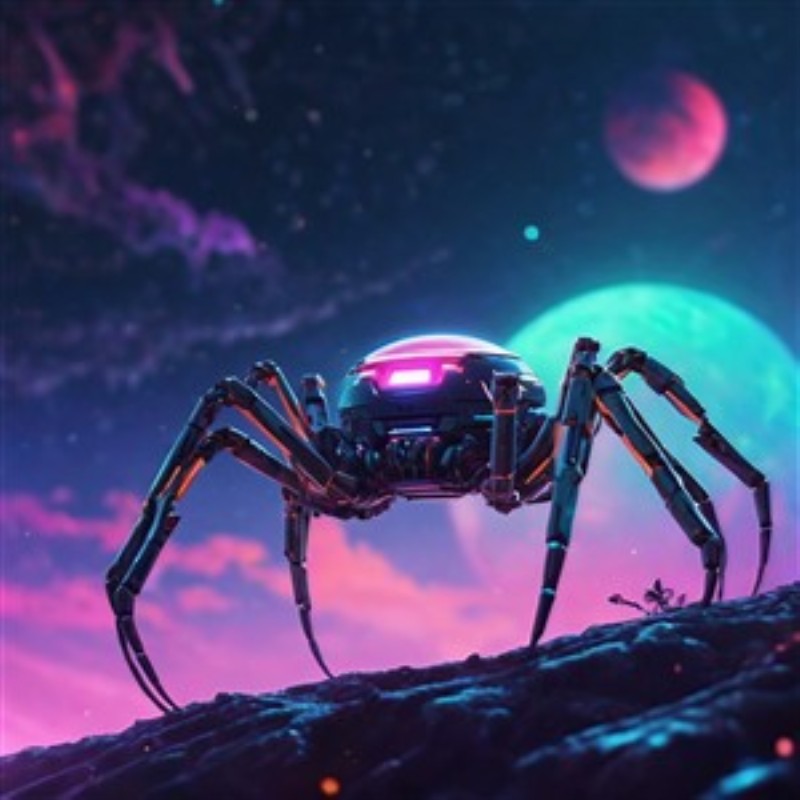 Futuristisk Robotedderkop i Sci-Fi Verden - Oplev en betagende robotedderkop i en levende sci-fi verden under stjernerne. De to måner og det farverige univers skaber en drømmende og futuristisk atmosfære, perfekt til ethvert rum med et strejf af eventyr.