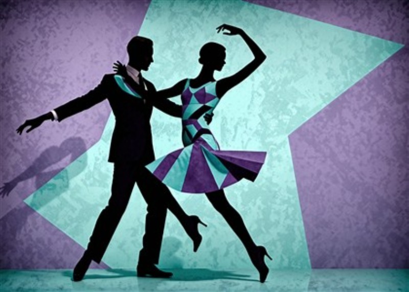 Elegant Silhuet af Dansende Par - Oplev den skønhed og harmoni i denne stiliserede silhuet af et dansende par. De geometriske former og farver tilføjer en moderne charme, der bringer liv og elegance til enhver indretning.