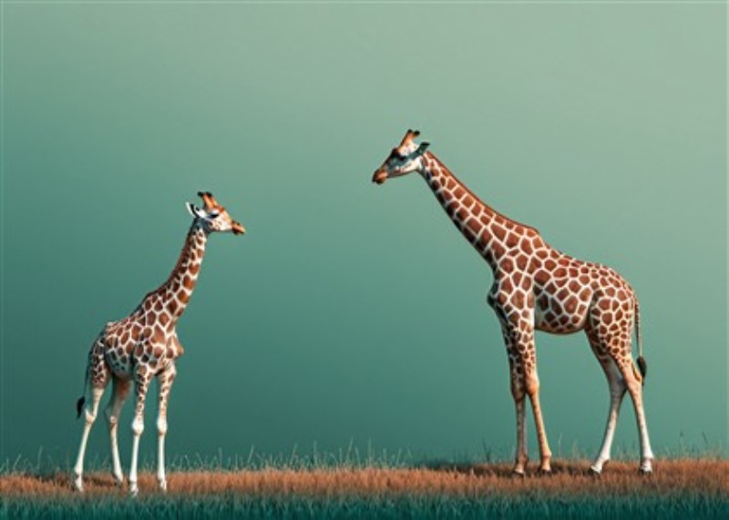 Giraffer i Grønt Landskab - Oplev skønheden i naturen med dette betagende billede af to giraffer, der graciøst står på en frodig græsmark. Den grønne baggrund skaber en harmonisk atmosfære, perfekt til at bringe liv og elegance til dit hjem.