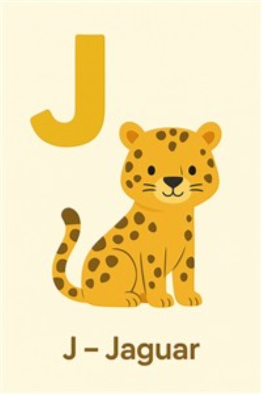 Sød Jaguar - Børnevenlig Illustration af Dyrelivet - Denne farverige illustration af en sød jaguar, der sidder ved siden af bogstavet J, tilføjer et legende touch til børneværelset. Perfekt til at inspirere nysgerrighed og kærlighed til dyrelivet hos de små.