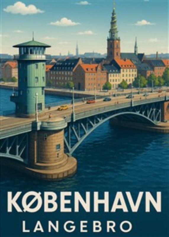 København: Udsigt over Langebro - Oplev den betagende skønhed ved Langebro i København, hvor byens skyline stråler i sollyset. Denne illustration fanger den unikke atmosfære og livlighed, der præger hovedstaden, perfekt til at skabe hygge i dit hjem.