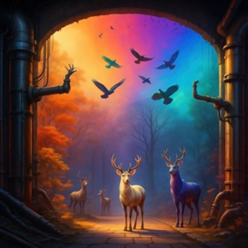 Fortryllende Skov med Hjorte og Fugle - Oplev den magiske atmosfære i en farverig skovscene fyldt med levende hjorte og svævende fugle. Denne illustration bringer naturens skønhed ind i dit hjem og skaber en drømmeagtig stemning.