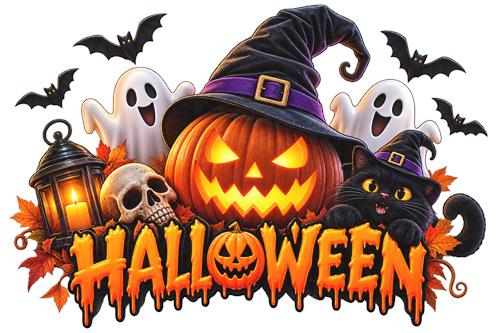 Halloween med græskar, spøgelser og sort kat