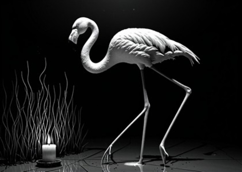 Monokrom Flamingo med Stemning - Oplev den stilrene skønhed af en sort-hvid flamingo, der elegant træder blandt græsser og blødt lys. Denne kunstneriske plakat tilføjer en eksklusiv atmosfære til dit hjem.