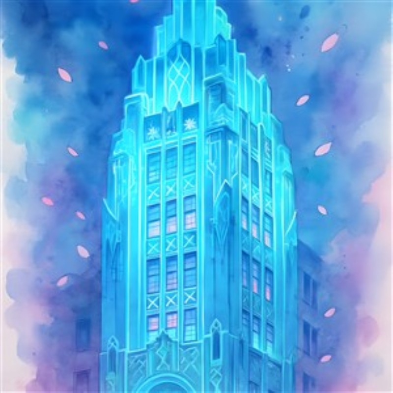 Magisk Blå Arkitektur i Pastelnuancer - Oplev den drømmende skønhed af en futuristisk bygning i strålende blå nuancer, svøbt i bløde pasteltoner og flydende blomsterblade. Denne illustration tilføjer en magisk stemning til ethvert rum.