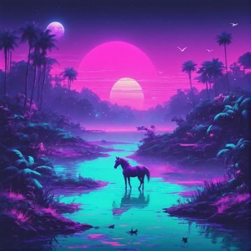 Magi i Enchanted Forest - Dyk ind i en drømmende skovfyldt verden med en betagende enhjørning, der stille står ved en krystalklar sø under en majestætisk solnedgang. Denne farverige og surrealistiske illustration bringer en magisk atmosfære til dit hjem.
