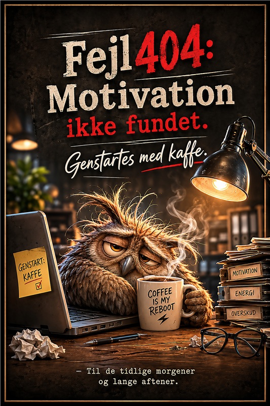 Motivation 404: Genstart med Kaffe - Denne humoristiske plakat er perfekt til dig, der elsker kaffe og har brug for lidt ekstra motivation i hverdagen. Med et sjovt ugle-design og inspirerende citater, vil den bringe liv og personlighed til dit rum.