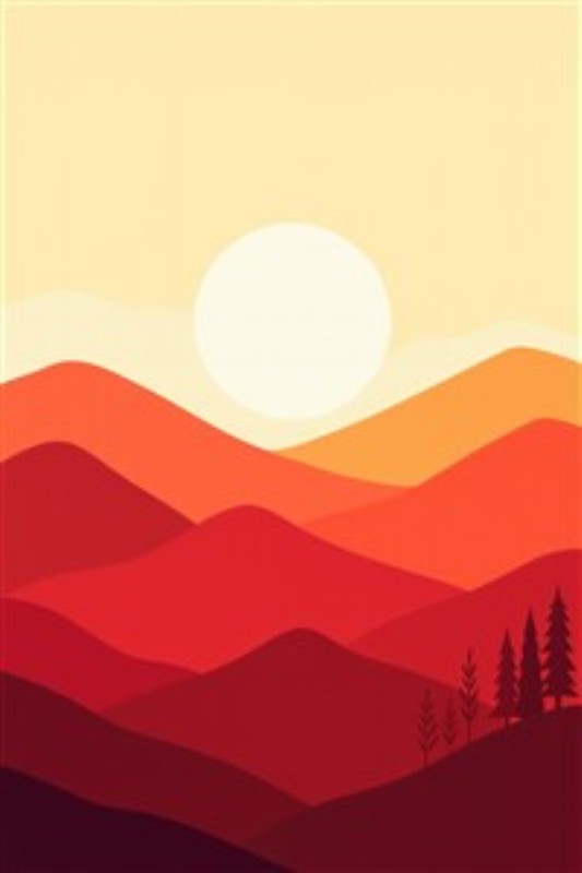Magisk solnedgang over bjerge - Oplev den beroligende skønhed ved en stiliseret solnedgang, hvor bølgende bjerge stråler i varme nuancer af rød og orange. Dette kunstværk skaber en varm og indbydende atmosfære, perfekt til ethvert rum.
