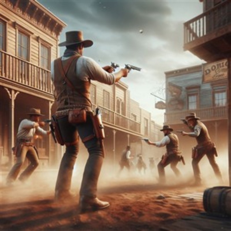Cowboy Duel i Støvet By - Oplev spændingen ved et frækt cowboy duel i en historisk støvet by. Denne intense skudveksling indfanger essensen af Vesten og giver dit rum et unikt, dramatiske præg.