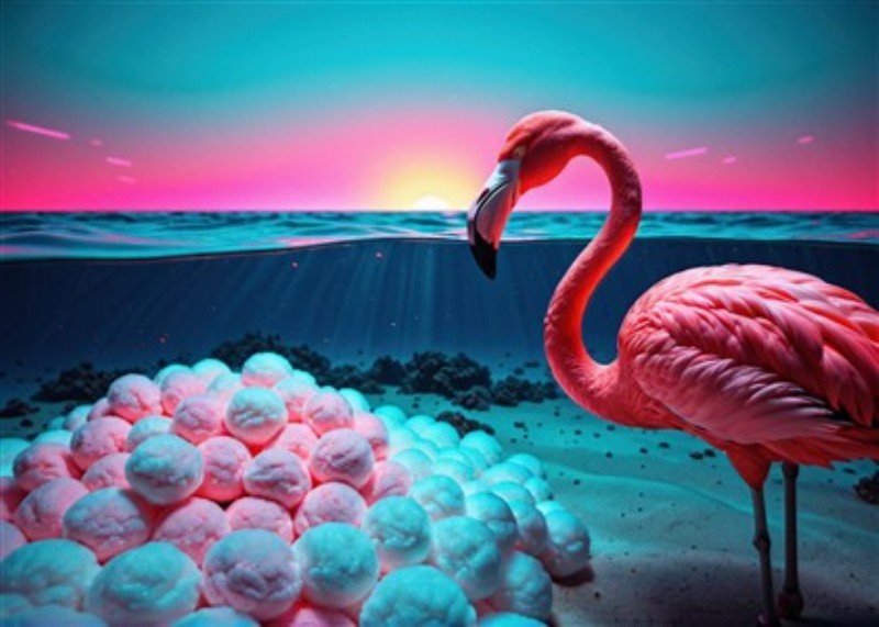 Flamingo i farverigt hav med is-sand - Oplev skønheden ved en elegant flamingo, der står ved kanten af et livligt hav. Dette kunstværk indfanger både roen og det farverige liv under vandet, perfekt til at skabe en drømmende atmosfære i dit hjem.