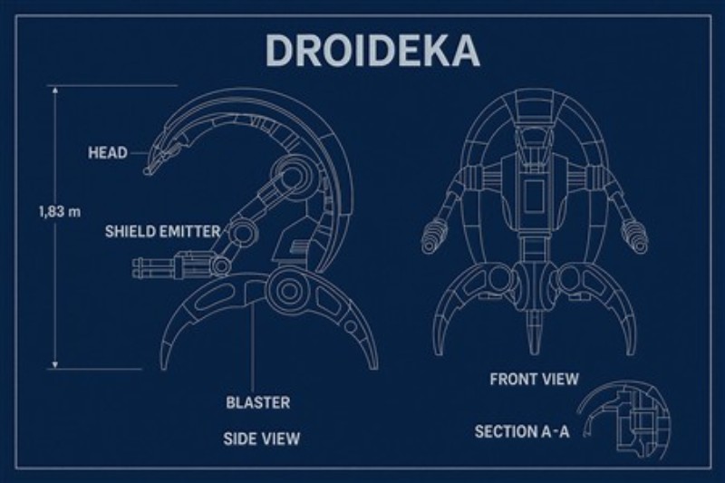Droidka: Teknisk Kunstværk med Detaljer - Oplev den imponerende design af en droideka i denne detaljerede tekniske illustration. Perfekt til både fans af sci-fi og dem, der værdsætter unik kunst, skaber dette motiv en fascinerende stemning i ethvert rum.
