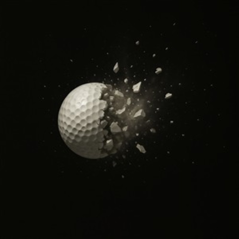 Eksplosiv Golfbold Dynamik - Oplev den dramatiske skønhed af en golfbold i eksplosiv bevægelse. Fragmenterne sprøjter ud mod den mørke baggrund, hvilket skaber en intens og energisk atmosfære perfekt til din indretning.