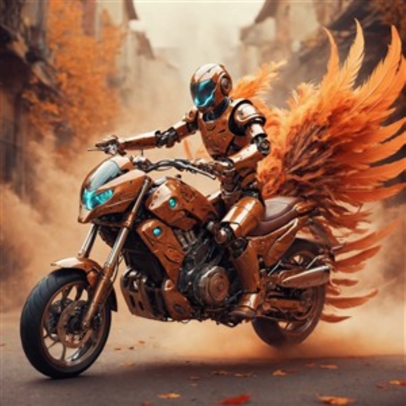 Futuristisk Robotrytter på Vinger af Flammer - Oplev adrenalinfyldt spænding med denne fantastiske robotrytter, der cruiser på en motorcykel prydet med dristige, farverige vinger. Det dramatiske landskab skaber en uforglemmelig atmosfære, der bringer futurisme og eventyr til dit rum.