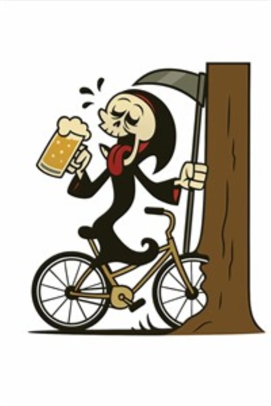 Skelet på cykel med øl - Morsom plakatdesign - Denne humoristiske plakat af en skeletfigur på cykel med en øl i hånden tilføjer en sjov og skæv vinkel til din indretning. Den er perfekt til at skabe en let og legende stemning i rummet.