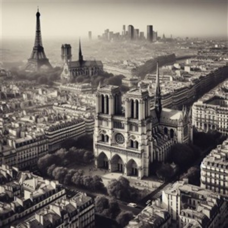 Paris' Ikoniske Skønhed i Sort-Hvid - Oplev den tidløse charme ved Paris med denne betagende sort-hvide illustration, der fanger Eiffeltårnet og Notre-Dame i majestætisk ære. Perfekt til at bringe en elegant atmosfære til dit hjem.