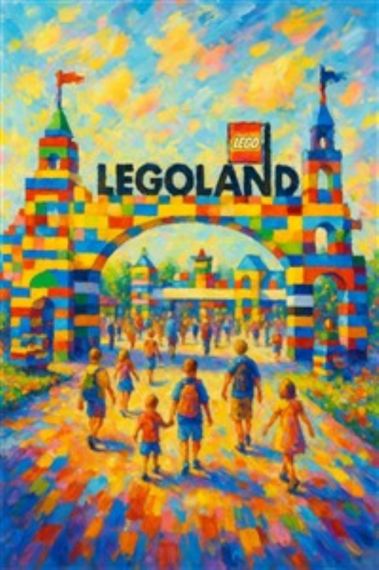 Farverig LEGOLAND Indgang for Børn - Oplev den glade atmosfære ved LEGOLAND med dette livlige maleri, der fremhæver den farverige indgang fyldt med LEGO-klodser og nysgerrige besøgende. Det er et perfekt stykke kunst, der vækker minder om leg og eventyr for både børn og voksne.