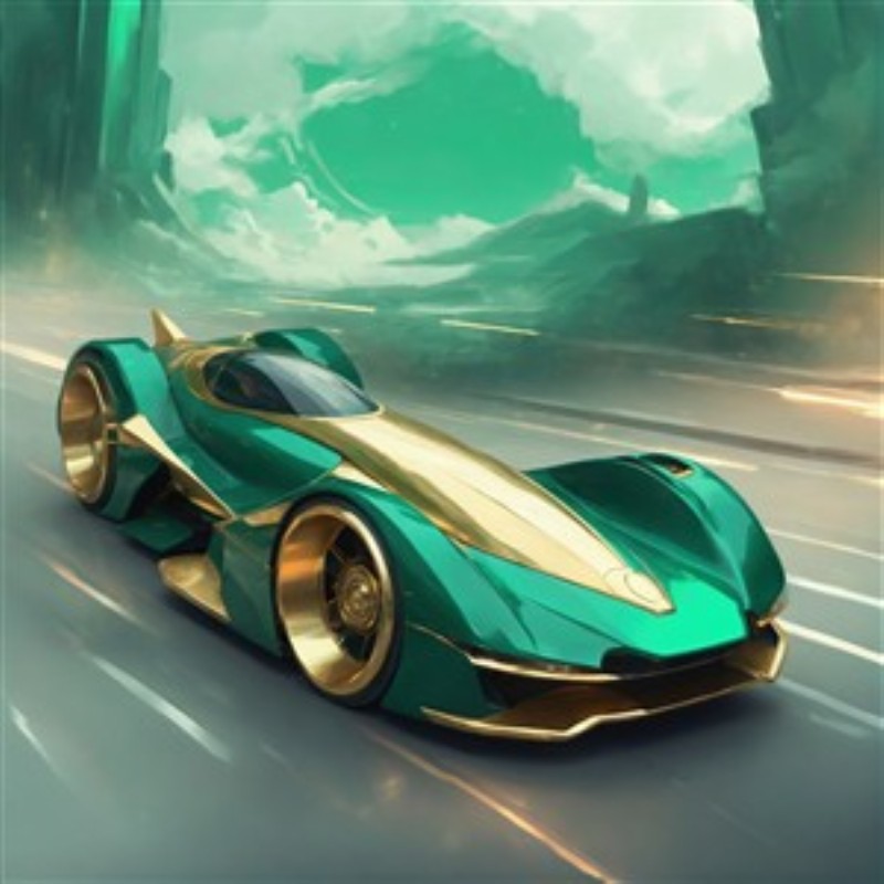 Futuristisk Racer i Bevægelse - Oplev dynamikken i denne stiliserede futuristiske racerbil, der elegant glider gennem en drømmende verden. De skarpe detaljer og de smukke kombinationer af grønne og gyldne nuancer tilføjer liv og energi til dit hjem.