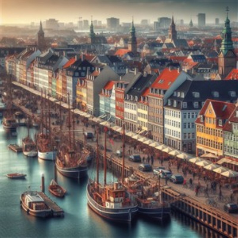 Københavns Havneidyl ved Solopgang - Opdag den betagende skønhed i Københavns havn ved daggry. Denne kunstneriske udsigt fanger de farverige bygninger og bådene, der svømmer stille i morgenens bløde lys, hvilket skaber en oase af ro og energi i dit hjem.