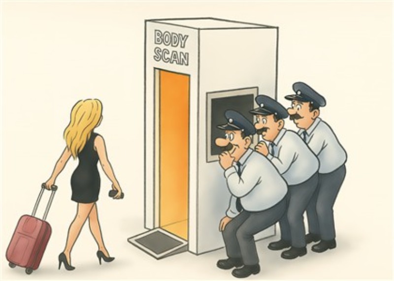 Overraskende Body Scan Oplevelse - Denne sjove illustration fanger et humoristisk øjeblik, hvor tre betjente nysgerrigt betragter en kvinde, der går ind i en body scan. Det er en perfekt kombination af komedie og hverdagssituationer, der vil bringe et smil på alles ansigt.