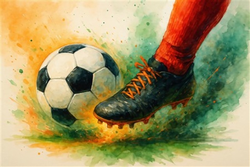 Fodboldens Dynamik - Energisk Maleri - Oplev energien fra fodboldens verden med dette farverige maleri, der fanger øjeblikket, når spilleren sparker bolden. Den livlige komposition tilføjer et sprudlende touch til ethvert rum og inspirerer til leg og bevægelse.