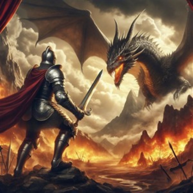Episk Duel mellem Ridder og Drage - Oplev det dramatiske møde mellem helten og uhyret i denne fantastiske scene. Den majestætiske drage truer med ild og vilje, mens ridderen står fast, klar til kamp i et fortryllende landskab.