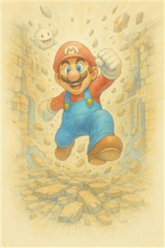 Mario's Eventyr i Fuld Aktion - Oplev den spændende verden med denne farverige illustration af Mario, der springer triumferende gennem væggene af murbrokker. Den energiske atmosfære vil helt sikkert bringe liv til ethvert rum og vække glæden ved eventyr i både børn og voksne.