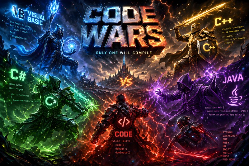 Kamp om Koden: En Futuristisk Duel - Oplev den spændende kamp mellem programmeringssprog med denne farverige plakat. Den fanger det futuristiske drama, hvor hvert sprog viser sin styrke i en visuel duel, perfekt til programmører og tech-entusiaster. Giv dit rum et strejf af teknologi med denne dynamiske kunst!