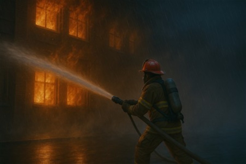 Heltemodige Brandmand i Udfordrende Øjeblikke - Oplev den dramatiske kamp mellem menneske og natur i dette følelsesladede motiv. En brandmand kæmper tappert mod flammerne, mens regnen tilføjer en intens stemning til scene i denne inspirerende illustration.