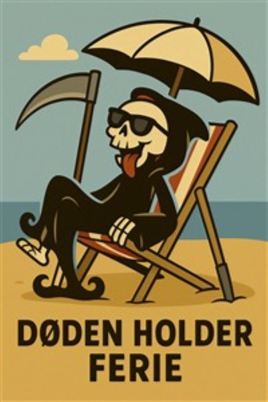 Dødens Strandferie – En humoristisk illustration - Få et smil på læben med denne sjove illustration af Døden, der slapper af med solhat og solbriller på stranden. Perfekt til at tilføre et legende og unikt præg i dit hjem!